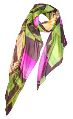 Grün Lila Gemusterter Chiffon Seidenschal
